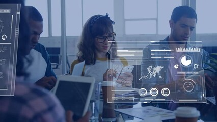 Poster - Animation of graphs, loading bars and circles, globe over diverse coworkers using digital tablets