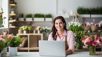 female florist small business owner taking care of various flowers and bouquets in hes shop using laptop checking order happiness cheerful and positive smiling .