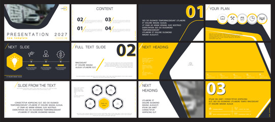 Wall Mural - Business presentation template. Vector set, elements of infographic, yellow design, white background.Flyer, postcard, corporate report, car in the city, banner. Slideshows, brochure, annual report