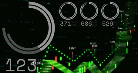 Leinwandbilder - Animation of changing numbers with loading circles over graphs over black background