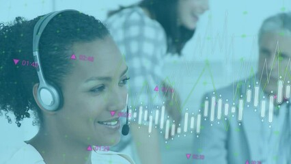 Poster - Animation of graphs, changing numbers, biracial female customer representative talking on headphones