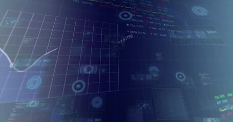 Poster - Animation of circles, radars, map, computer language, graphs, trading boards over black background