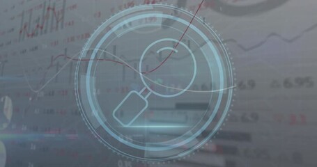 Leinwandbilder - Animation of magnifying glass, cyber security text and shield, circles over graphs and trading board