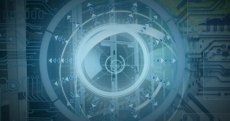 Poster - Animation of arrow and 5g text in loading circles, circuit board pattern over data server room