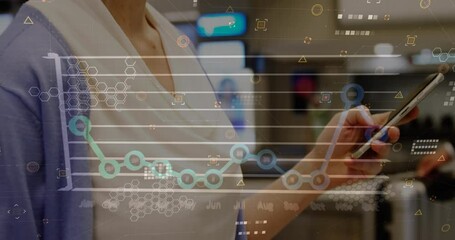 Poster - Animation of graph, circuit board pattern, midsection of caucasian woman walking and using cellphone