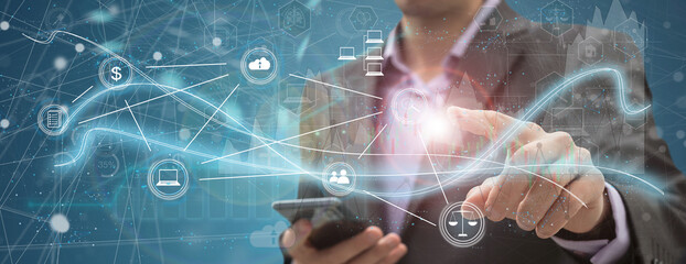 Aufkleber - Businessman on blurred background using tech devices and icons thin line interface