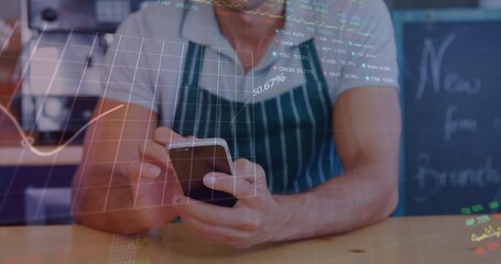 Poster - Animation of multiple graphs and trading board over male caucasian barista using cellphone in cafes