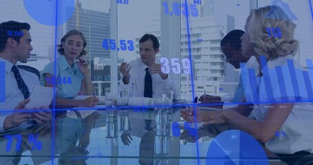Poster - Animation of multiple graphs and changing numbers over diverse coworkers discussing in office