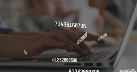 Poster - Animation of changing numbers, letters, cropped hands of caucasian woman working on laptop