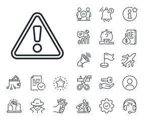 Poster - Attention triangle sign. Salaryman, gender equality and alert bell outline icons. Warning line icon. Caution alert symbol. Warning line sign. Spy or profile placeholder icon. Vector