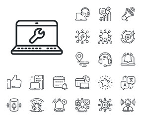 Poster - laptop repair service sign. place location, technology and smart speaker outline icons. spanner tool