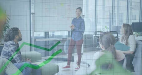 Poster - Animation of statistical data processing against biracial woman giving a presentation at office