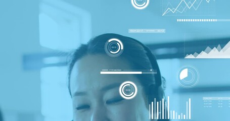 Poster - Animation of statistical data processing against asian woman talking on phone headset at office