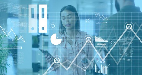 Poster - Animation of statistical data processing over biracial woman talking to a male colleague at office