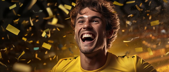 Wall Mural - Winner! Portrait of a happy male soccer sport player in yellow jersey celebrating winning with gold confetti falling. Excited sports fans wearing yellow clothes celebrating the victory. Generative ai