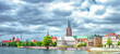 Summer panorama of Wroclaw old town with buildings, churches, river Oder by blue sky in Poland