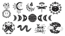 Doodle Mystical Set. Hand Drawn Sacred Witchcraft Set. Mystic, Magical Symbols. Mystery Line Art Elements Collection. Retro Boho Style Sun, Crescent, Cat, Moon, Snake, Stars. Vector Illustration