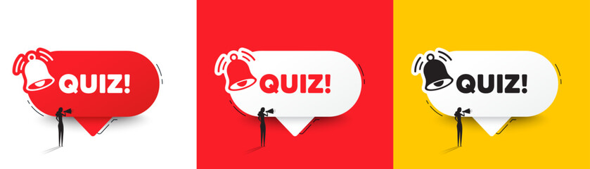 Poster - Quiz tag. Speech bubbles with bell and woman silhouette. Answer question sign. Examination test symbol. Quiz chat speech message. Woman with megaphone. Vector