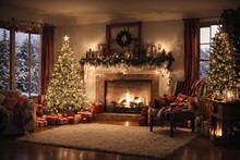 Christmas Morning In A Warm, Snow-covered Home With Dazzling Lights And A Fireplace Burning In The Window.