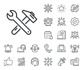 Poster - repair service sign. place location, technology and smart speaker outline icons. spanner and hammer 