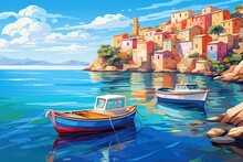 Boat On The Sea. Vector Illustration Of A Beautiful Island, Colorful Seashore City Landscape View With Beautiful Dinghy Boats Floating On The Water. , AI Generated
