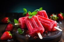 Homemade popsicles with fresh strawberries and ice cubes on wooden background, Colorful homemade popsicle with strawberry, AI Generated
