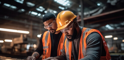 Poster - Industrial workers are working on a project at heavy industry factory.