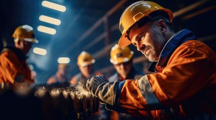 Poster - Industrial engineers in hard hat are working at the heavy industry manufacturing factory.