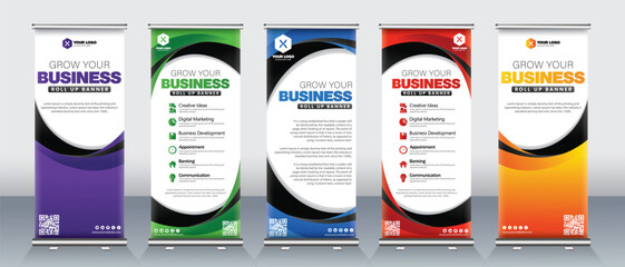 Modern Roll up banner design for business events, presentations, x stand ready and print ready green, blue, red , orange and purple colors