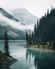 a rustic scene of a like and bay in a mountain valley with light gray and teal colors.