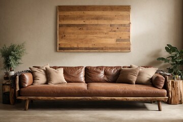 Poster - Reclaimed wood is used for the rustic sofa and live-edge coffee table, which are both placed against a beige background. The big mock-up poster frame gives the otherwise rustic area a sense of moderni