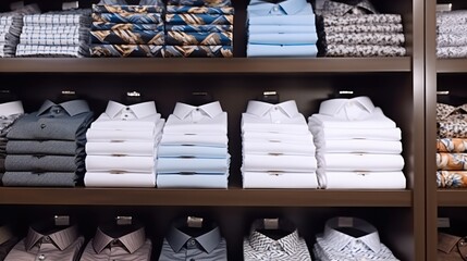 Poster - Fashion clothes, Men shirts displayed on shelves in shop at shopping mall.