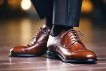 A Pair Of Businessman Feet In Shoes Walking On A Tile Floor