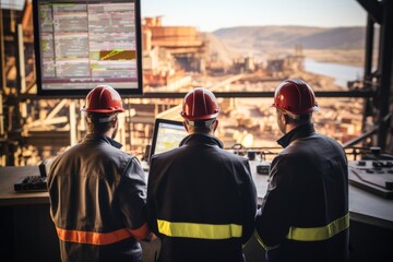 Fototapete - Team of engineers working control room at a mining site.