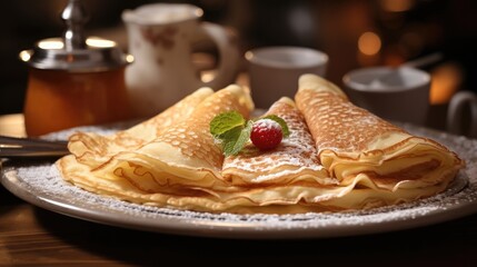 Poster - Homemade crepes with berries with ingredients in the background.