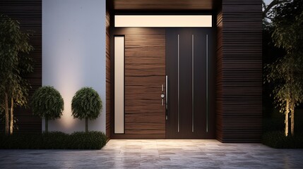 Modern brown entrance door with wooden effect, front door. Glass with side light window, hidden handle. Generative AI