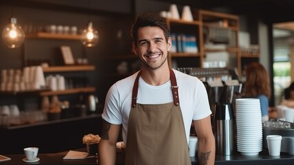 portrait of a cafe worker of a handsome Caucasian guy barista smiling at the camera while standing at the counter. Happy young man in an apron with a glass of coffee. waiter working. background AI.