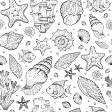 Shell Pattern. Sea Coral Reef Background. Ocean Shell, Fish, Animal Seamless Pattern. Handdrawn Sea Life Vector. Nautical Star Sish, Seashell Print. Seamless Doodle Summer Background. Ocean Sketch Art