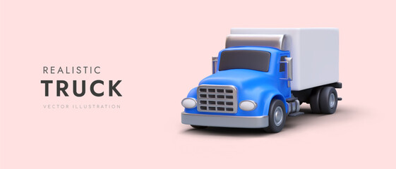 Realistic truck with blue cab. Cargo transportation services. Intercity delivery. Horizontal banner with space for advertising text. Color flyer template