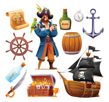 Set Of Pirate Character, Anchor, Barrel, Treasure Chest And Ship. Pirate Elements Vector Cartoon Illustration