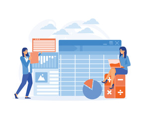 Poster - company bookkeeping report by accountants, Software for accounting with sheet, formula, calculators. flat vector modern illustration 