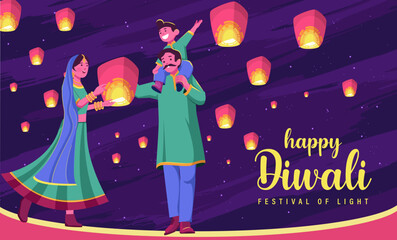 Poster - Happy Diwali Poster with Indian Family Flying Lanterns Vector Illustration. Indian festival of lights Design. Suitable for Greeting Card, Banner, Flyer, Template.