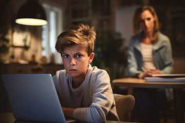 Mother frustrating that her kid spending to much time to play video games, scroll social media, watch video. Game addiction. learning difficulties, family, childhood, parenthood, technology, conflicts