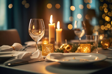 Elegant table setting with candles in restaurant. Selective focus. Romantic dinner setting with candles on table in restaurant.
