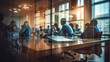Business office with blurred people casual wear sitting in a meeting. Generative Ai