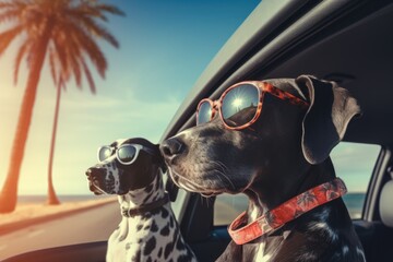 Two huge Great Dane dogs in sunglasses ride in a car