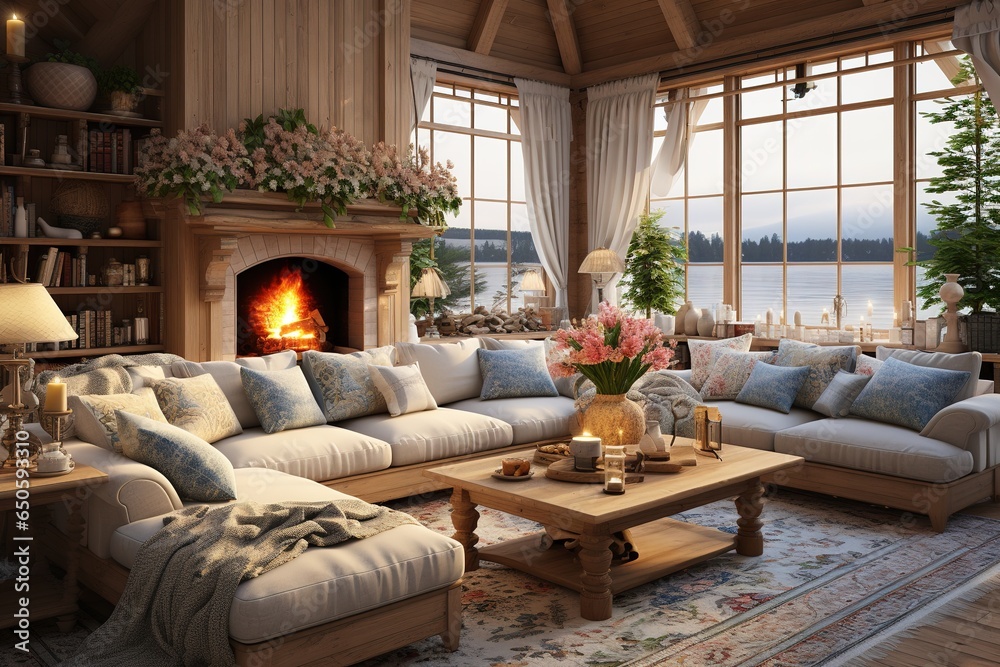 cozy warm home interior of a chic country house with an open plan, wood ...