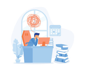 Poster - stress in the office, Overworked businessman  hard work sitting office table pile papers documents, flat vector modern illustration  