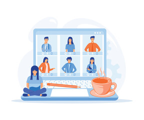 Poster - video conference remote working on laptop computer, people connecting together, learning or meeting online with teleconference, flat vector modern illustration