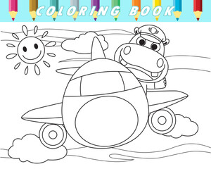 Canvas Print - Coloring book of cute hippo on airplane. Vector cartoon illustration